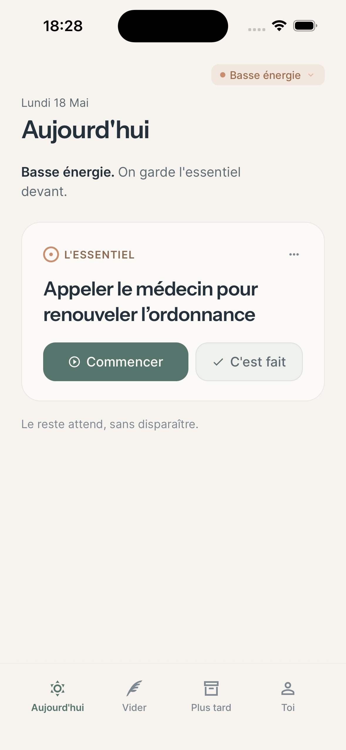 Mode basse énergie dans Molleva — une seule chose visible, zéro pression