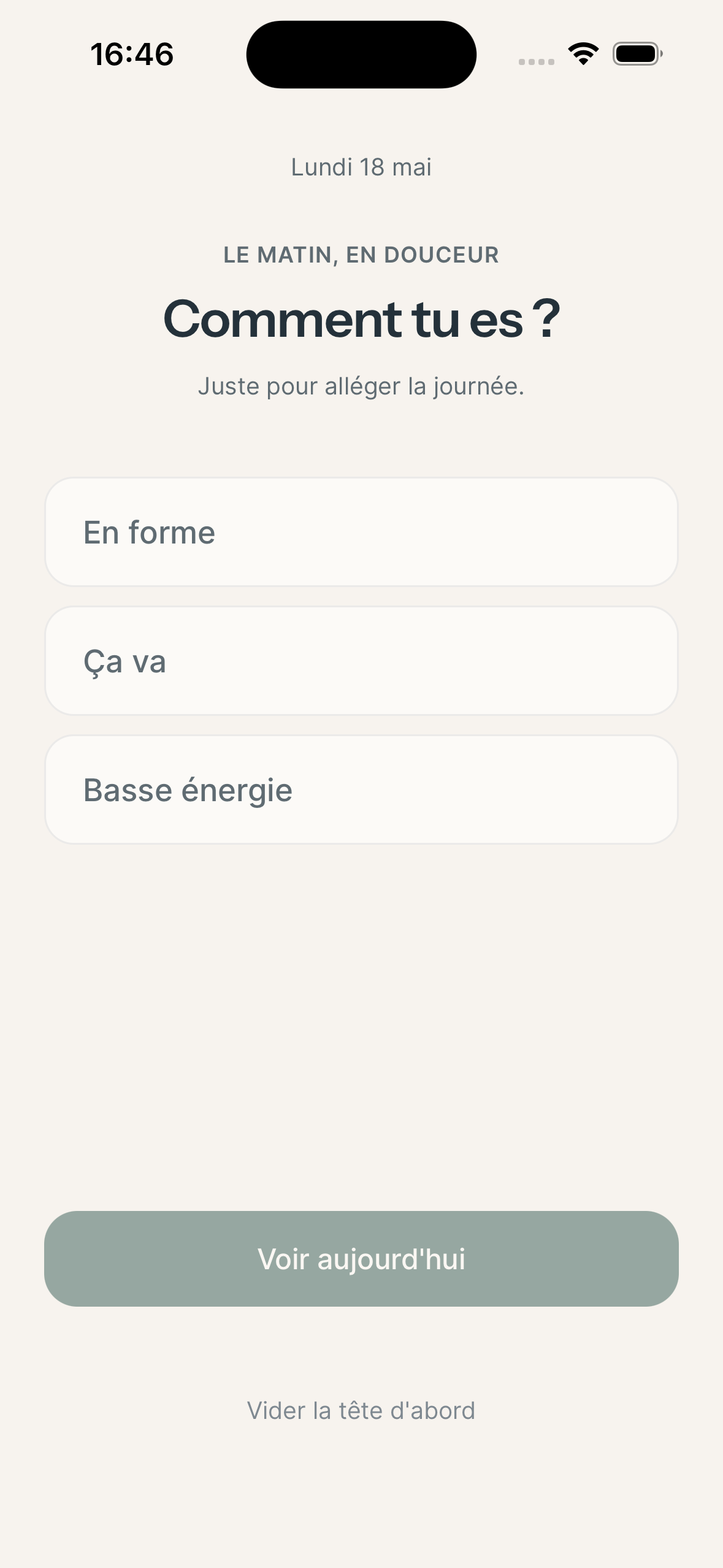 Interface Molleva : écran de check-in matinal pour évaluer son état d’esprit
