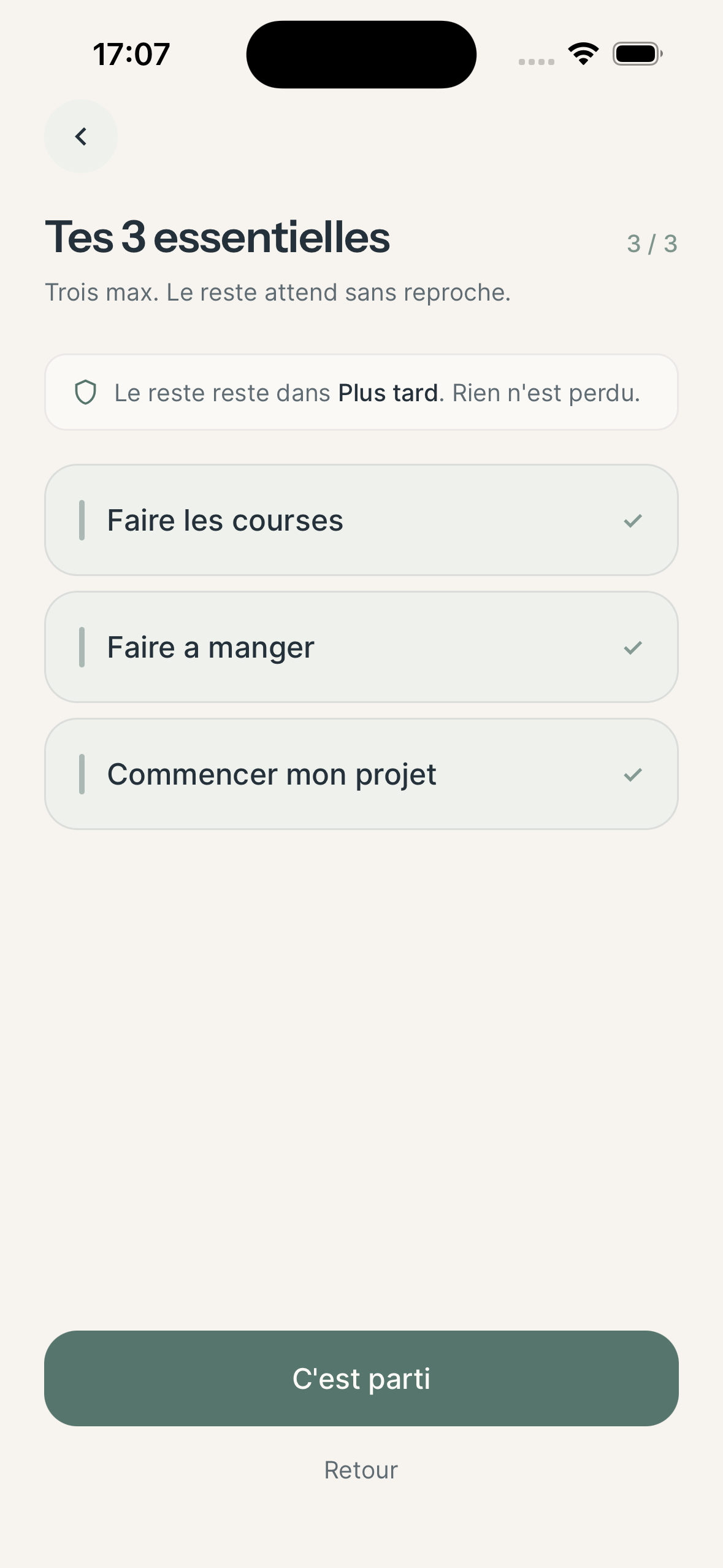 Application Molleva : vue des trois tâches essentielles choisies pour la journée